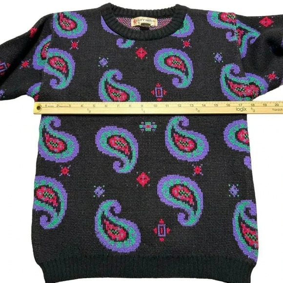 Vintage 80s Black Paisley Neon Multi Colored Sweater Women’s Small Retro Vibrant - Picture 5 of 6